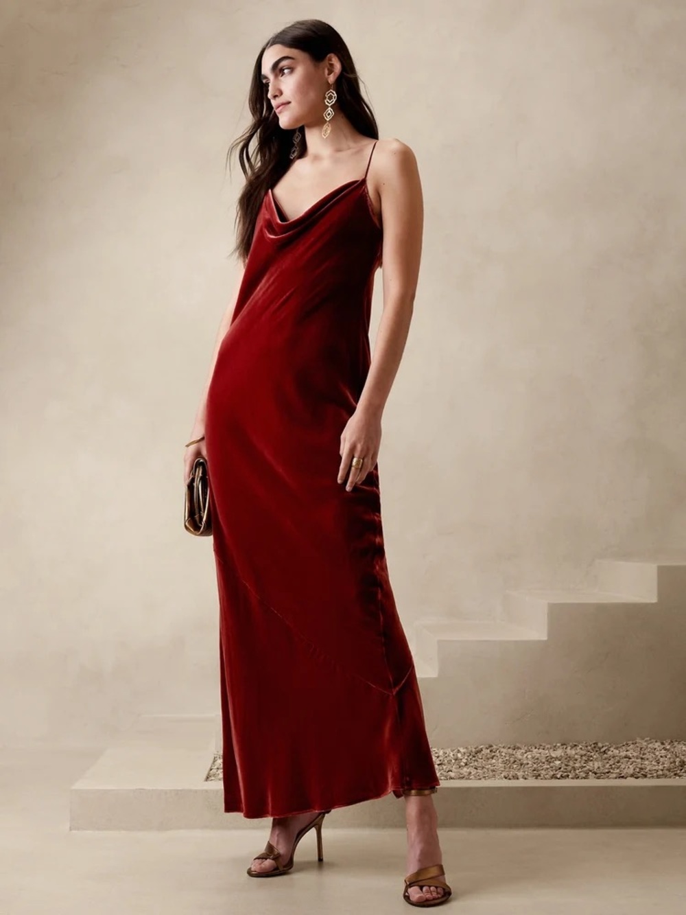 NWT Banana Republic Rita Velvet Maxi Dress Burnt Orange “Cabin Red” Slip SZ XS